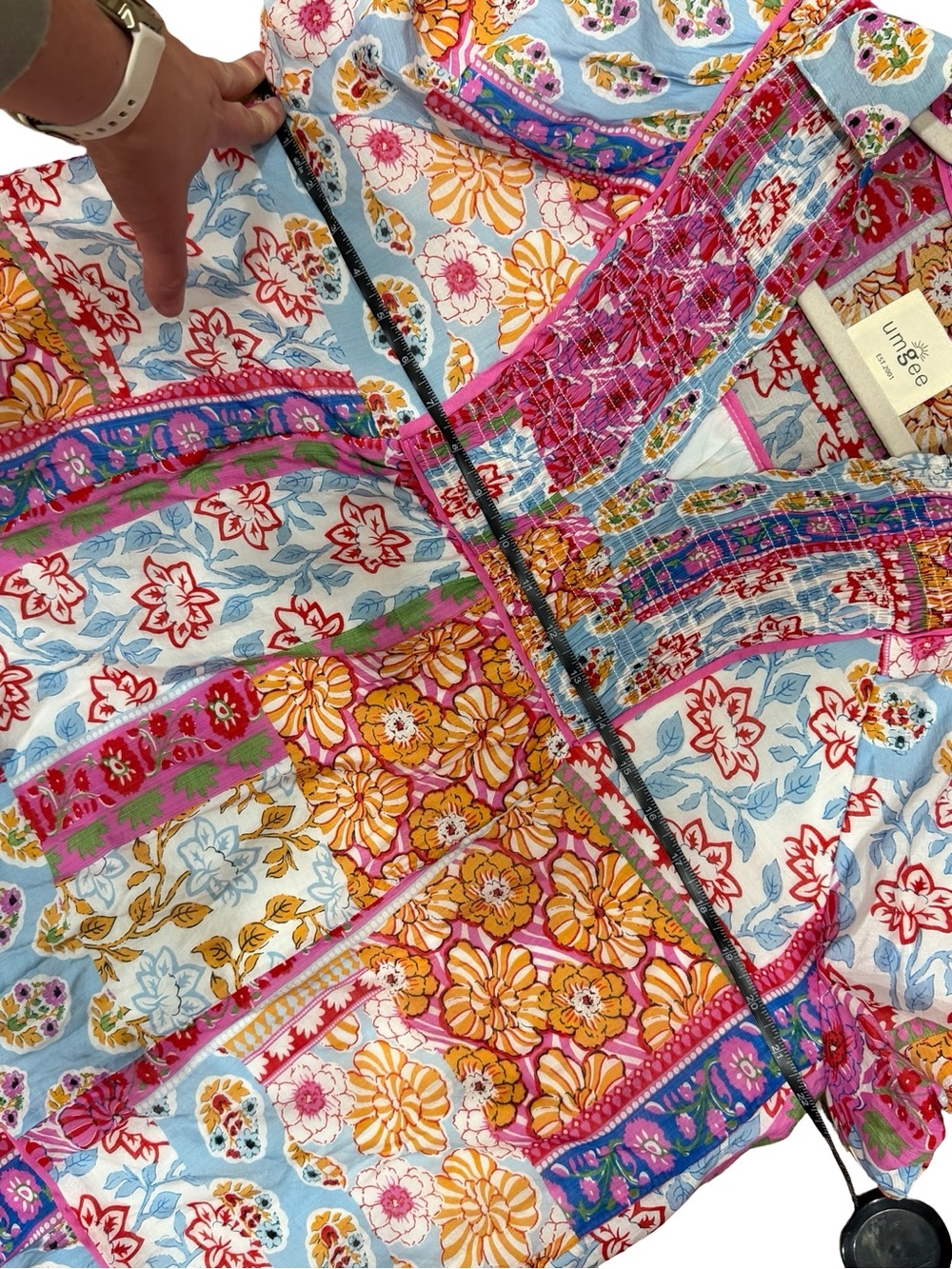 ☀️Umgee Patchwork Print Smocked Mini Dress Collared Split V-Neck Size Large Boho - Picture 11 of 11